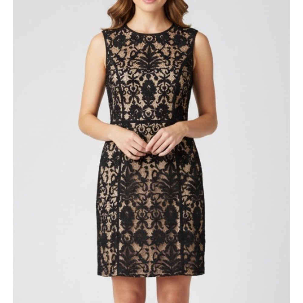 CYNTHIA STEFFE Black LACE OVERLAY Nude Liner BACK-ZIP Classy SHEATH DRESS Sz 4